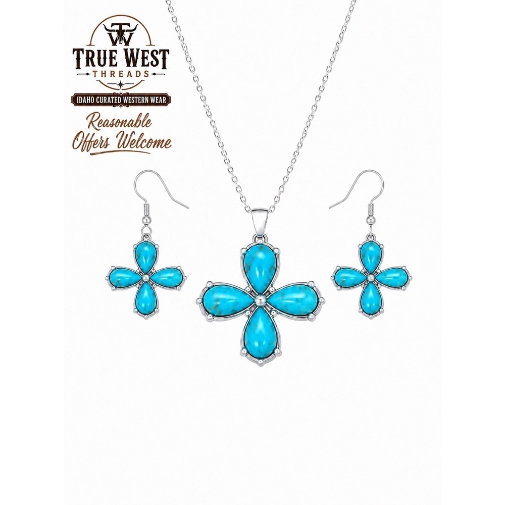 NWT Montana Silversmiths Turquoise Flower Cross Western Necklace & Earrings Set